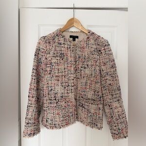 Ann Taylor Cream Tweed Fringe Collarless Blazer with Multicolor Speckle